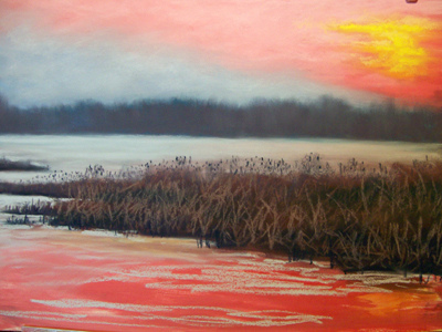 Pastellzeichnen - Ein Sonnenuntergang im Herbst –Bäume-Gras-Wasser- Christine Novak Kane