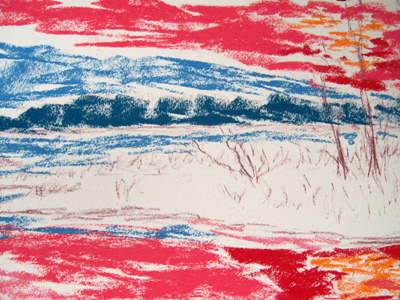 Pastellzeichnen - Ein Sonnenuntergang im Herbst –Bäume-Gras-Wasser- Christine Novak Kane